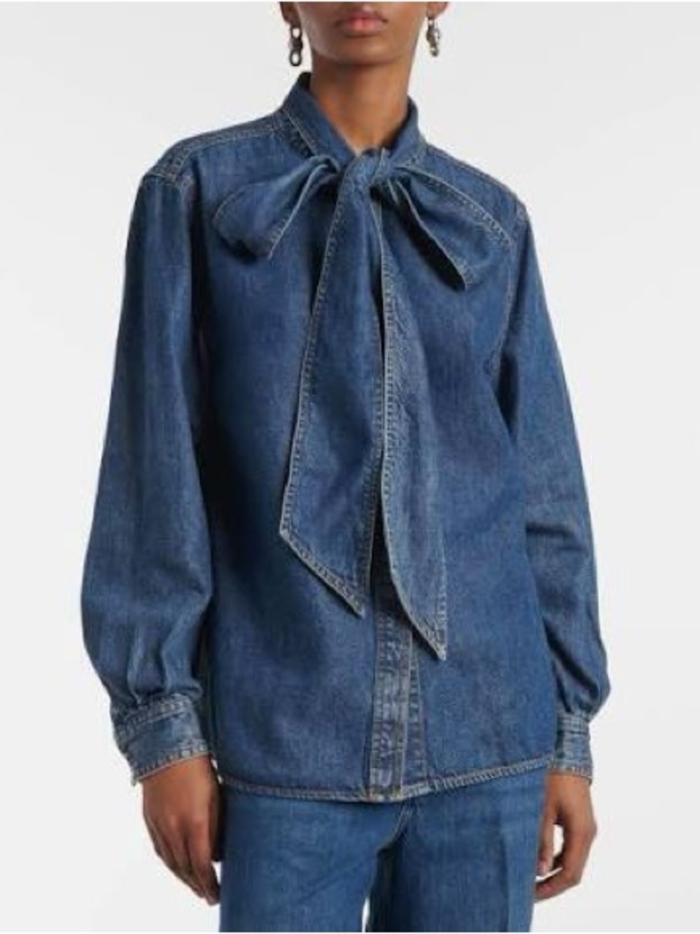Frame Denim Long Sleeve Denim The Secretary Blouse in Babydoll Medium Blue Large